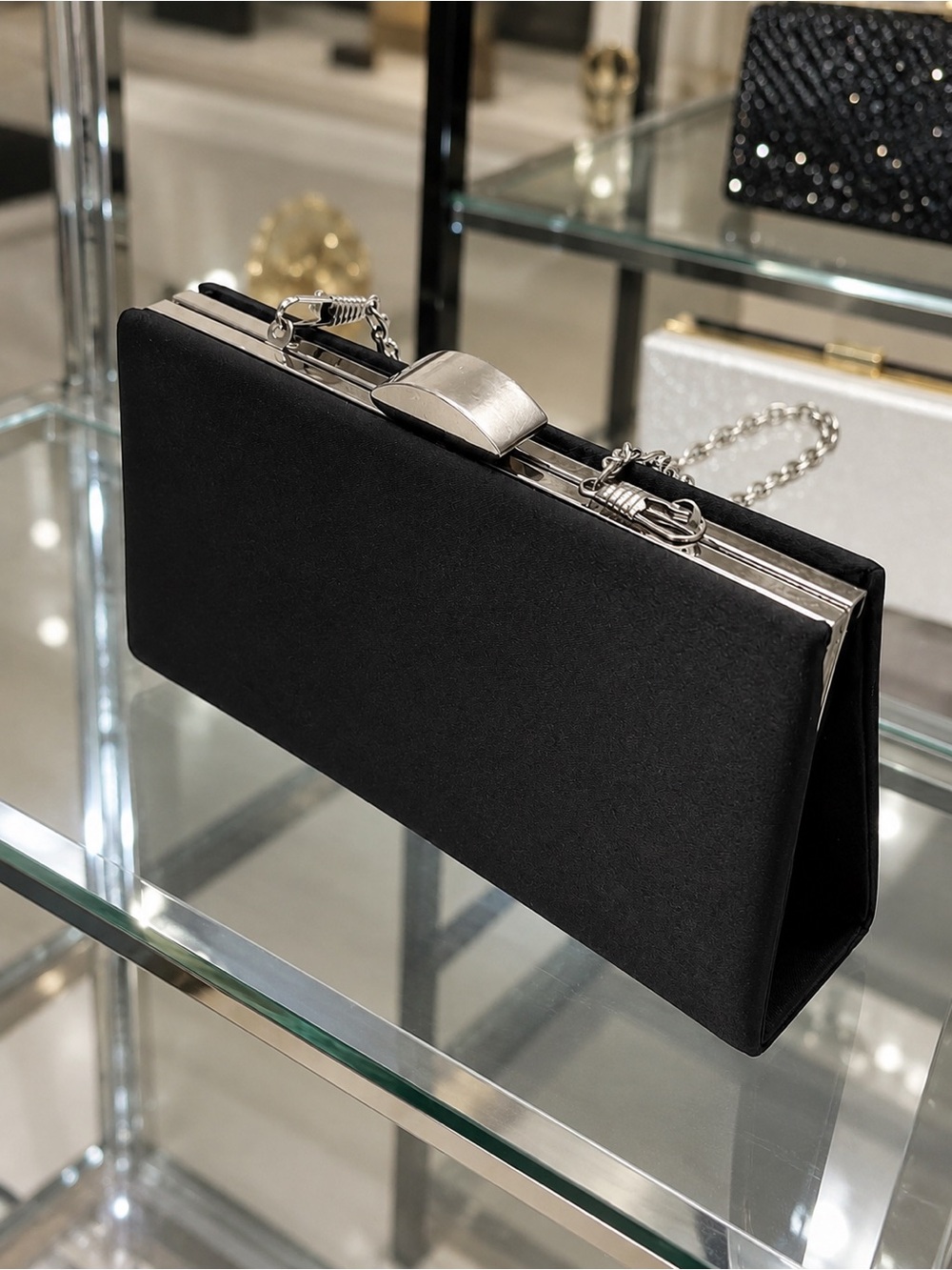 Bijoux Terner Black Satin Clutch, Short Silver Chain, 10×19 cm, Vintage